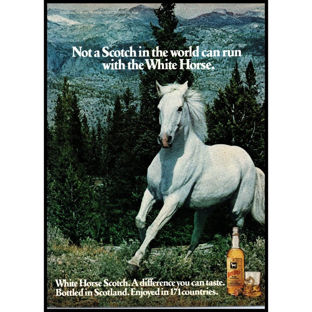 1978 White Horse Scotch Whisky Vintage Print Ad Mountains Trees Nature Wall Art